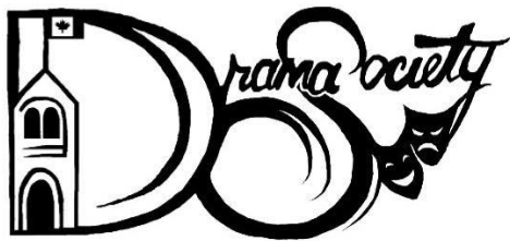 Logo depicting university Administration Building, the words "Drama Society", and the Comedy and Tragedy masks